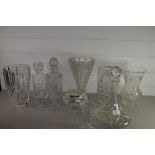 GLASS WARES INCLUDING CUT GLASS SHIPS DECANTER, VASES WITH VARIOUS DESIGNS ETC