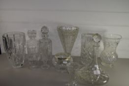 GLASS WARES INCLUDING CUT GLASS SHIPS DECANTER, VASES WITH VARIOUS DESIGNS ETC