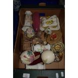 BOX CONTAINING CERAMIC WARES, CHEESE DISH AND COVER, VASES ETC