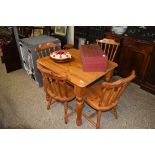 MODERN VARNISHED PINE RECTANGULAR KITCHEN TABLE, APPROX 89 X 74CM TOGETHER WITH A SET OF FOUR