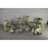 QUANTITY OF MASONS CHARTREUSE PATTERN COMPRISING MANTEL CLOCK, JUGS AND VASES AND PIN DISHES