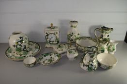 QUANTITY OF MASONS CHARTREUSE PATTERN COMPRISING MANTEL CLOCK, JUGS AND VASES AND PIN DISHES