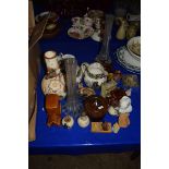 QUANTITY OF POTTERY AND GLASS ITEMS INCLUDING THREE POTTERY JUGS, TWO TALL GLASS VASES ETC