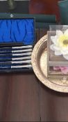 SMALL BOX CONTAINING PLATED WARES, FLOATN GFLOWER CANDLES AND PLATED FLOAT BOWL