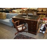 MAHOGANY EFFECT LEATHER TOP TWIN PEDESTAL DESK, LENGTH APPROX 152CM AND AN UPHOLSTERED CAPTAIN'S