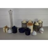 BOX CONTAINING KITCHEN WARES, POTTERY JARS AND COVERS AND GLASS JARS