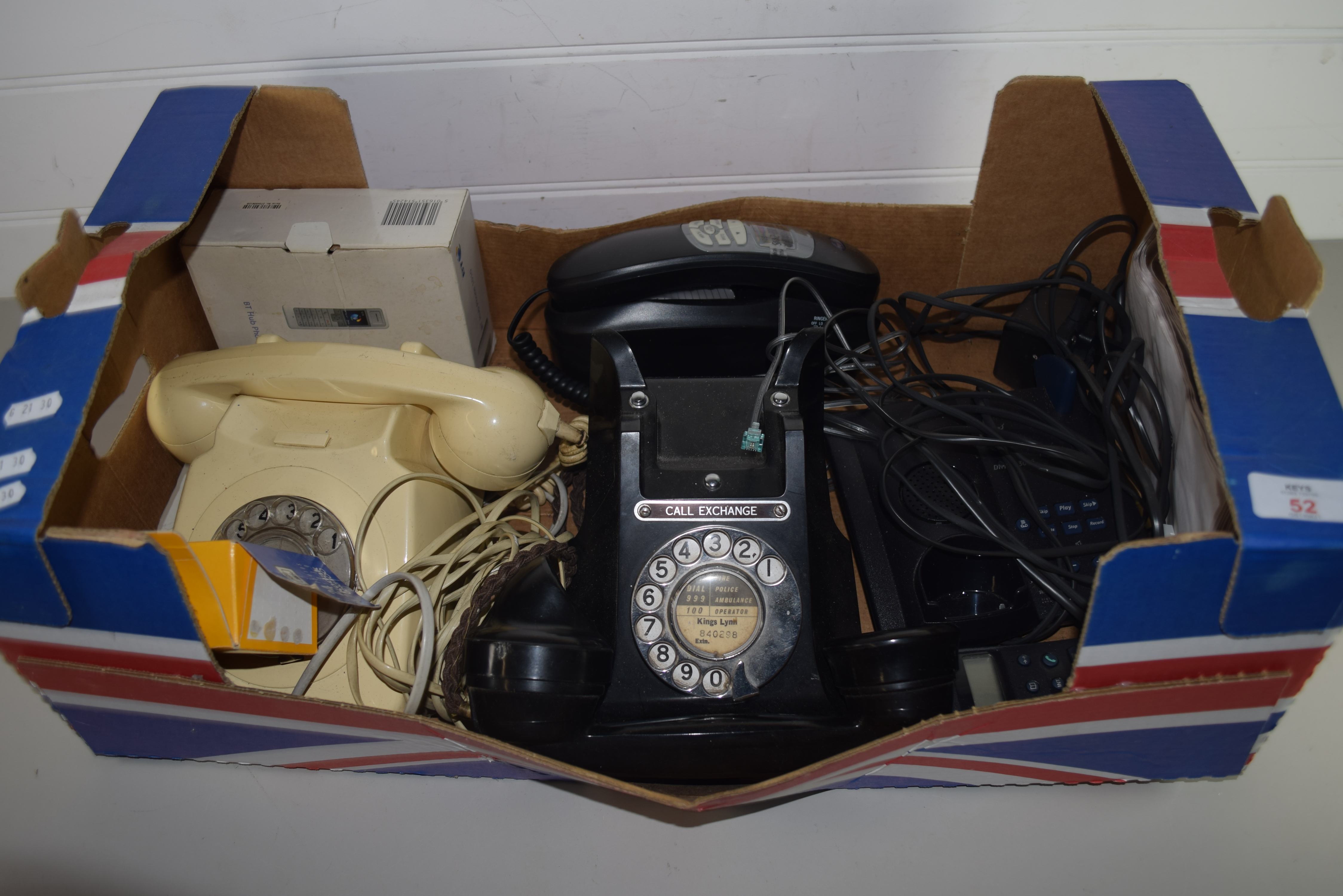 BOX CONTAINING VINTAGE TELEPHONES