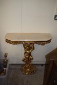 IMPRESSIVE GILT PAINTED CONSOLE TABLE MOULDED AS A SUPPORTING CHERUB, WIDTH APPROX 82CM