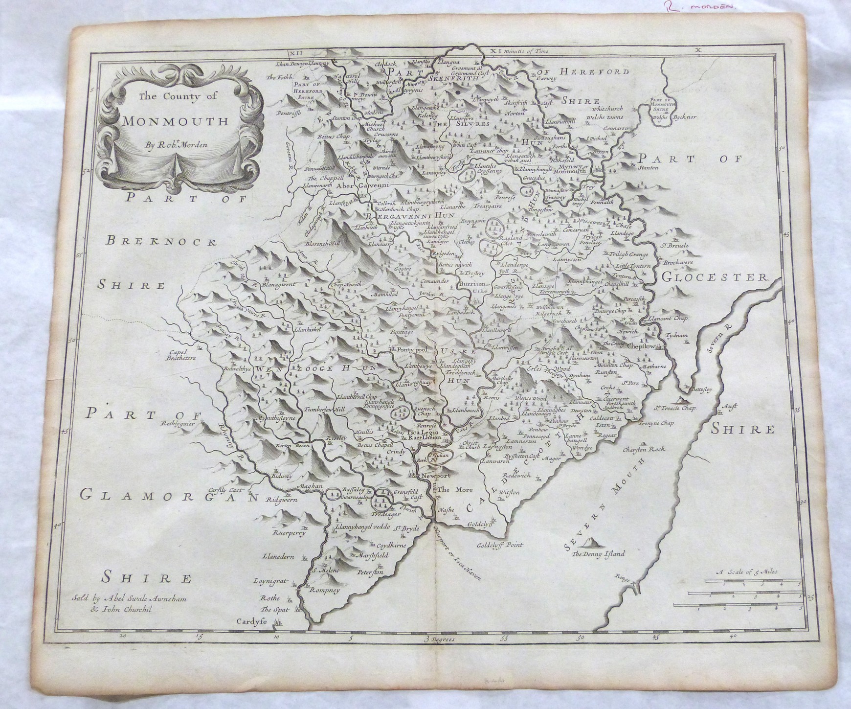 ROBERT MORDEN: THE COUNTY OF MONMOUTH, engraved map [1695], approx 345 x 450mm + HERMAN MOLL: