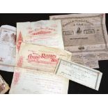 Packet: circa 60 share certificates/bonds, 1863-1927 including American Civil War Confederate States