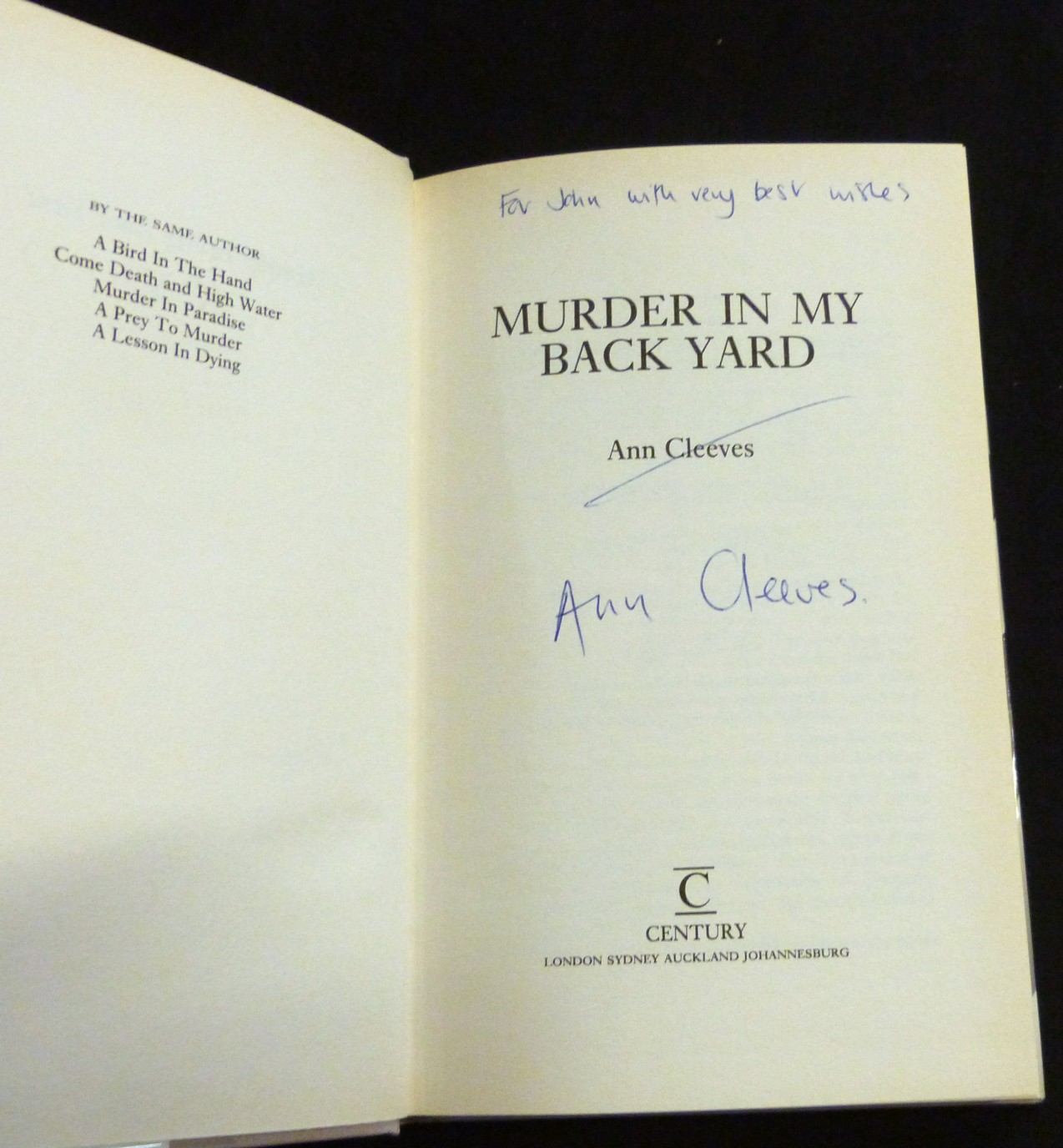 ANN CLEEVE: 5 titles: MURDER IN PARADISE, London, Century, 1988, 1st edition, original cloth, d/w; - Image 3 of 3