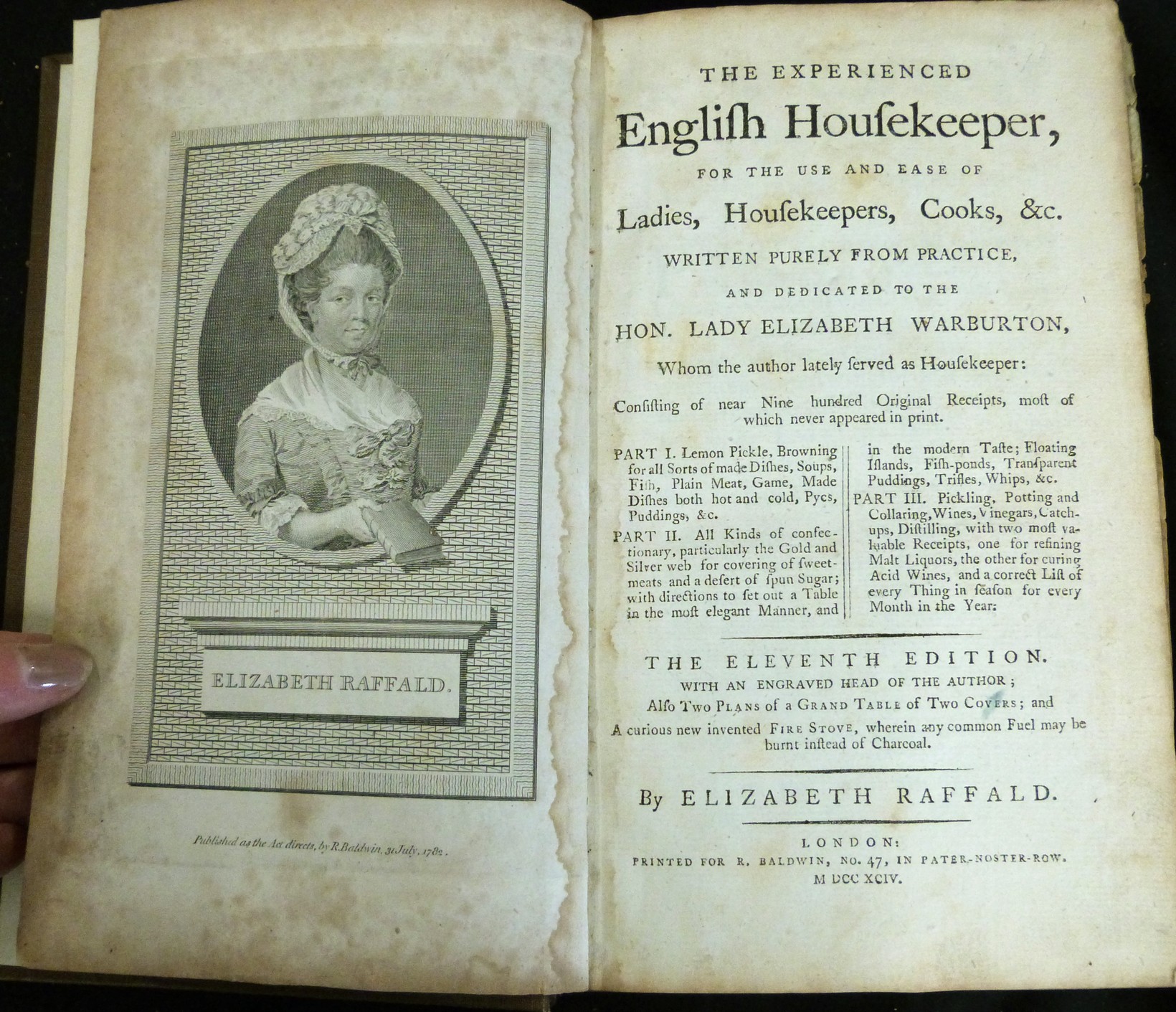 ELIZABETH RAFFALD: THE EXPERIENCED ENGLISH HOUSEKEEPER..., London for R Baldwin, 1794, 11th edition,