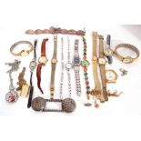 Quantity of modern ladies wrist watches and a small amount of costume jewellery
