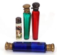 Mixed Lot: antique blue faceted glass double ended scent bottle with gilt metal fittings, 13cm long,