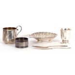 Mixed Lot: Victorian silver shell dish of typical form with engraved monogram, standing on three