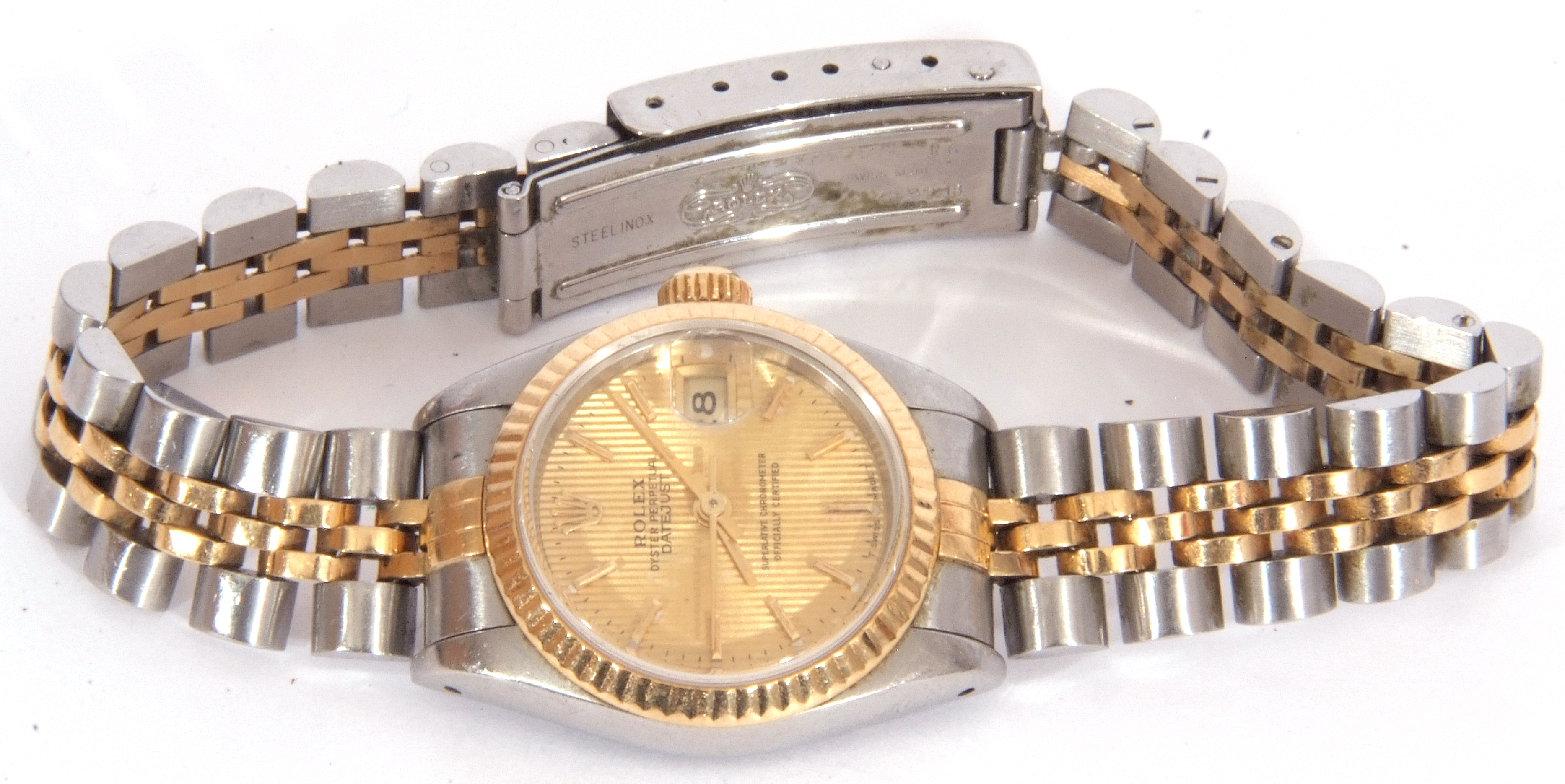 Ladies Rolex Oyster Perpetual Datejust, bi-metal fluted bezel watch with champagne dial, baton - Image 2 of 8