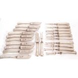 Box of fruit/cheese cutlery to include 11 two pronged forks and 10 knives, each with pierced blades,