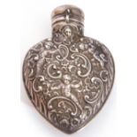 Large William Comyns silver heart shaped perfume flask, London 1898, typically decorated with