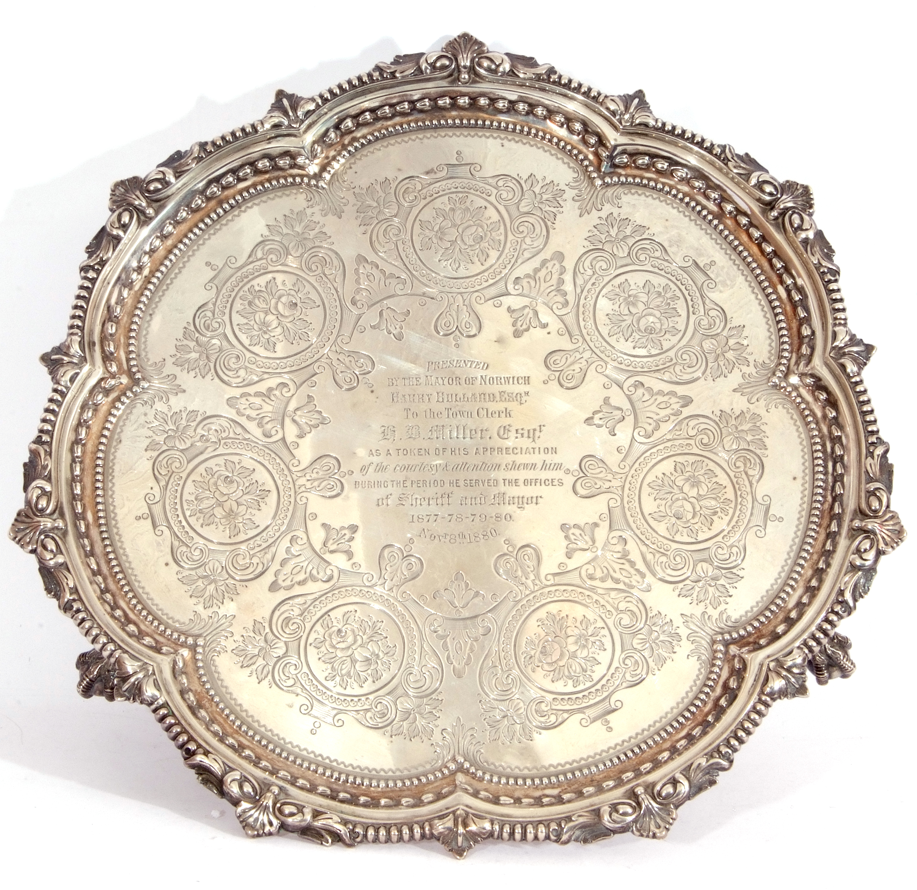 Victorian silver salver of shaped circular form with shell and bead border, central presentation - Image 2 of 7