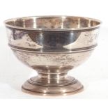 George V silver pedestal bowl of compressed circular form, reeded borders, presentation engraved, "L