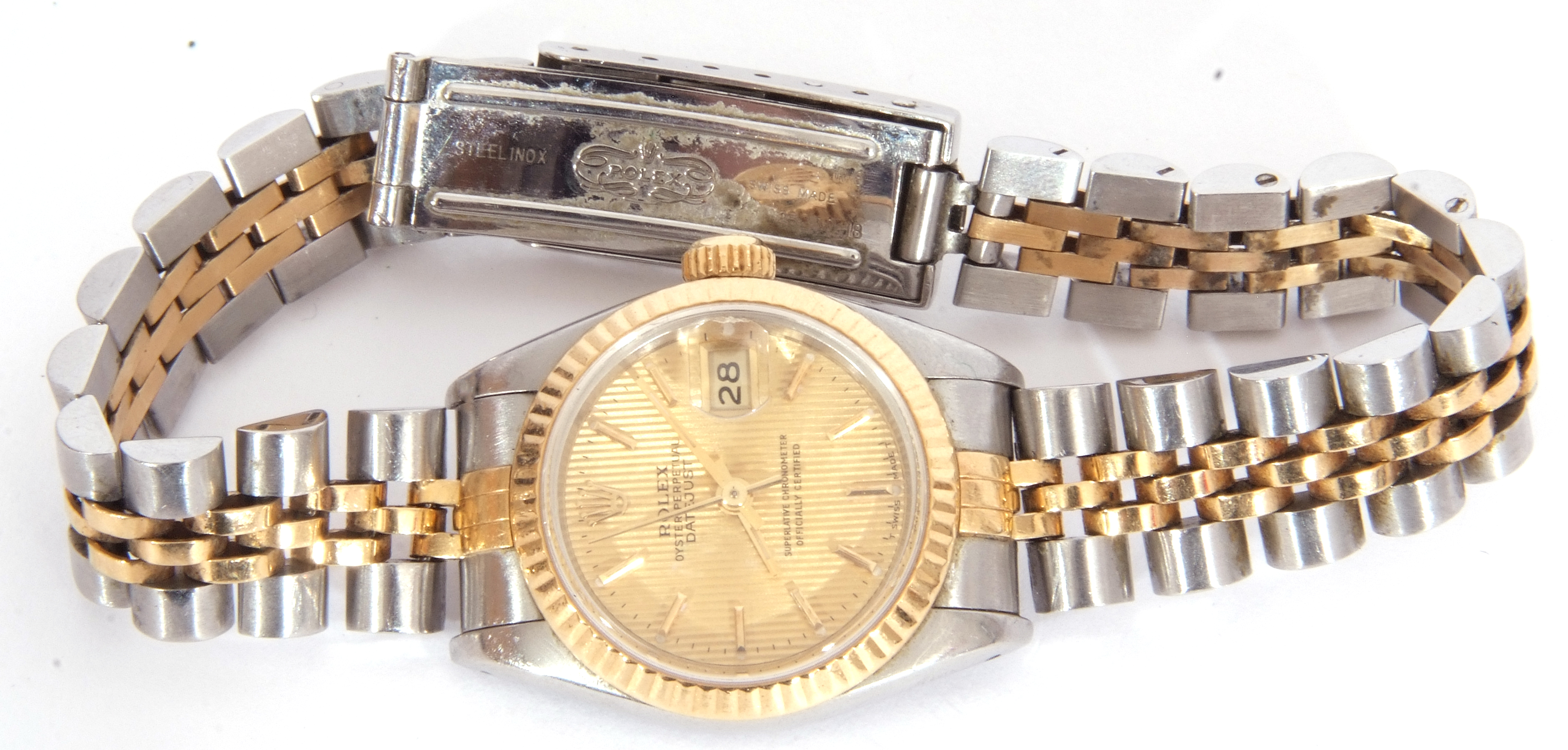 Ladies Rolex Oyster Perpetual Datejust, bi-metal fluted bezel watch with champagne dial, baton - Image 8 of 8