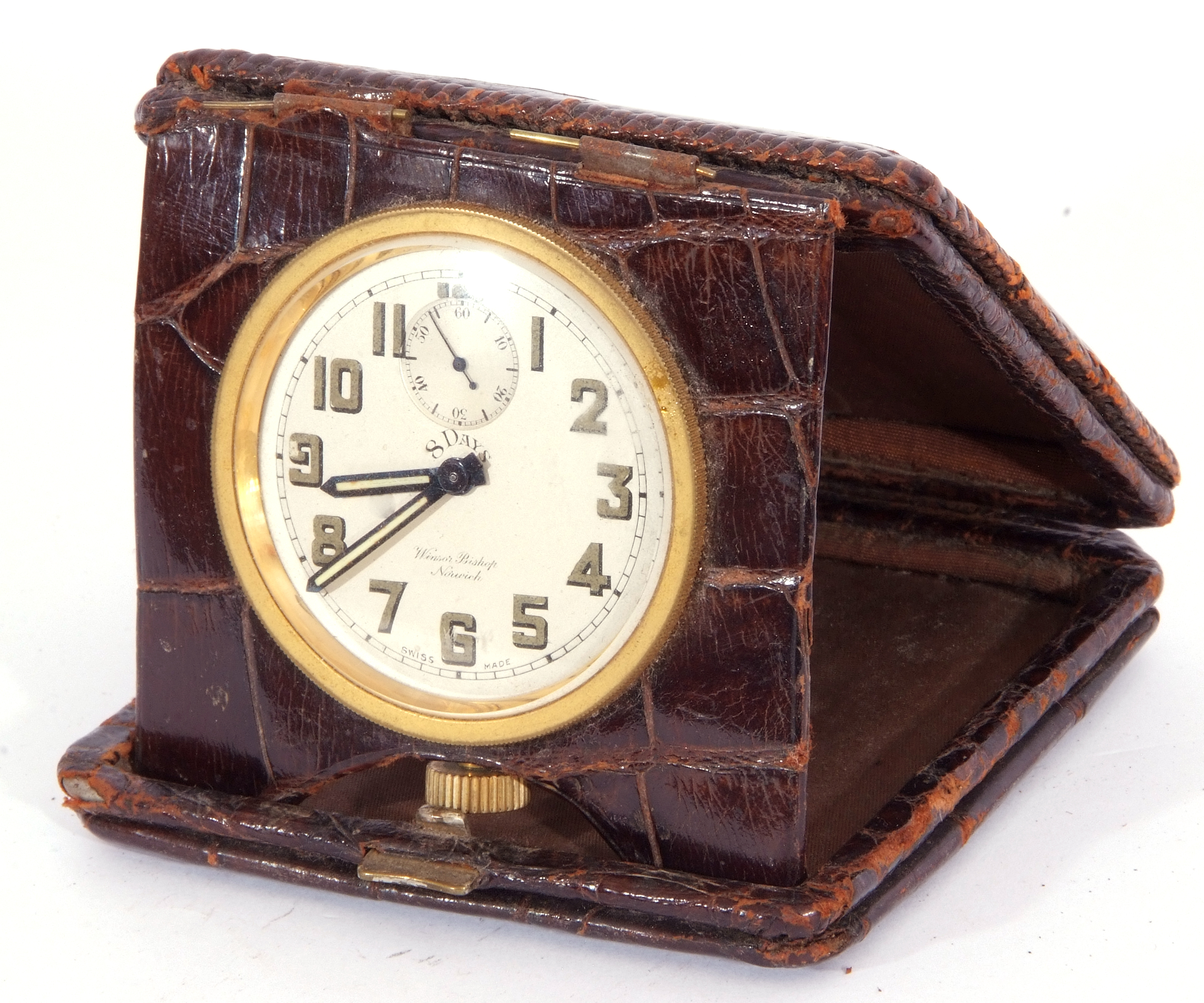 Art Deco crocodile skin cased folding travel clock with an 8-day movement, luminous numbers and - Image 2 of 3