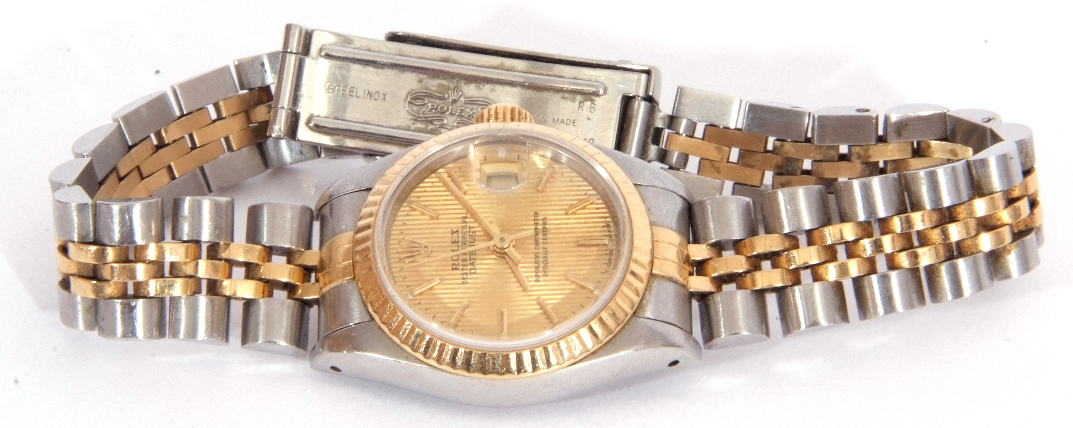 Ladies Rolex Oyster Perpetual Datejust, bi-metal fluted bezel watch with champagne dial, baton - Image 7 of 8