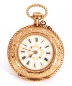 Last quarter of 19th century ladies 14K stamped cased fob watch, gilt hands and ornate enamel and