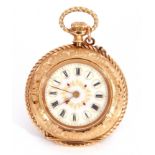 Last quarter of 19th century ladies 14K stamped cased fob watch, gilt hands and ornate enamel and