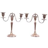 Pair of Old Sheffield Plate George IV Adam style three-light candelabra, 36cm tall (a/f)