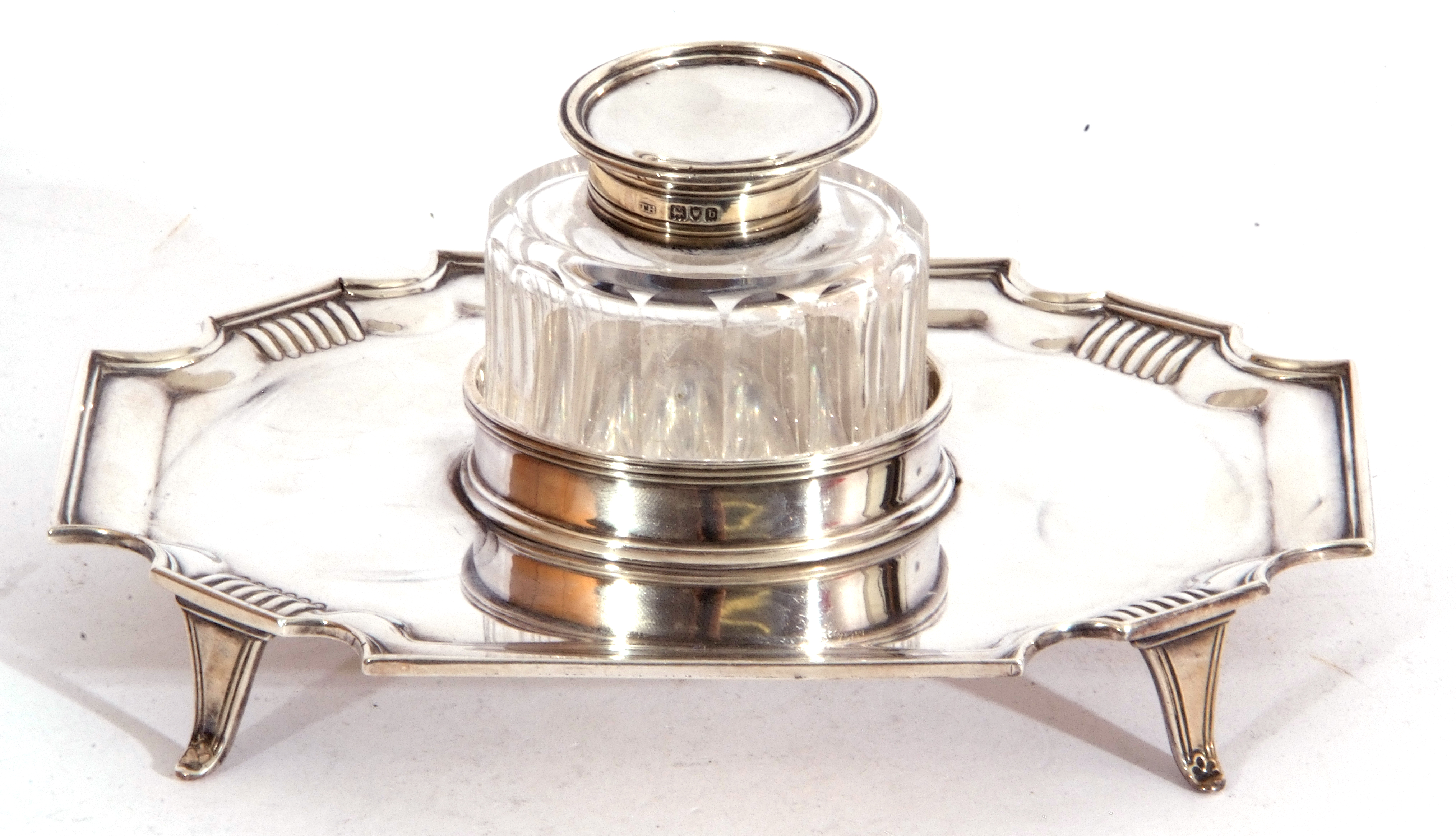 Late Victorian silver ink stand of shaped rectangular form resting on four splayed feet with - Image 2 of 9