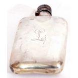 Early 20th century silver hip flask, circa 1920, of rectangular curved form with rounded corners,