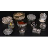 Collection of nine mainly silver/white metal decorative boxes and hallmarked silver menu holder,