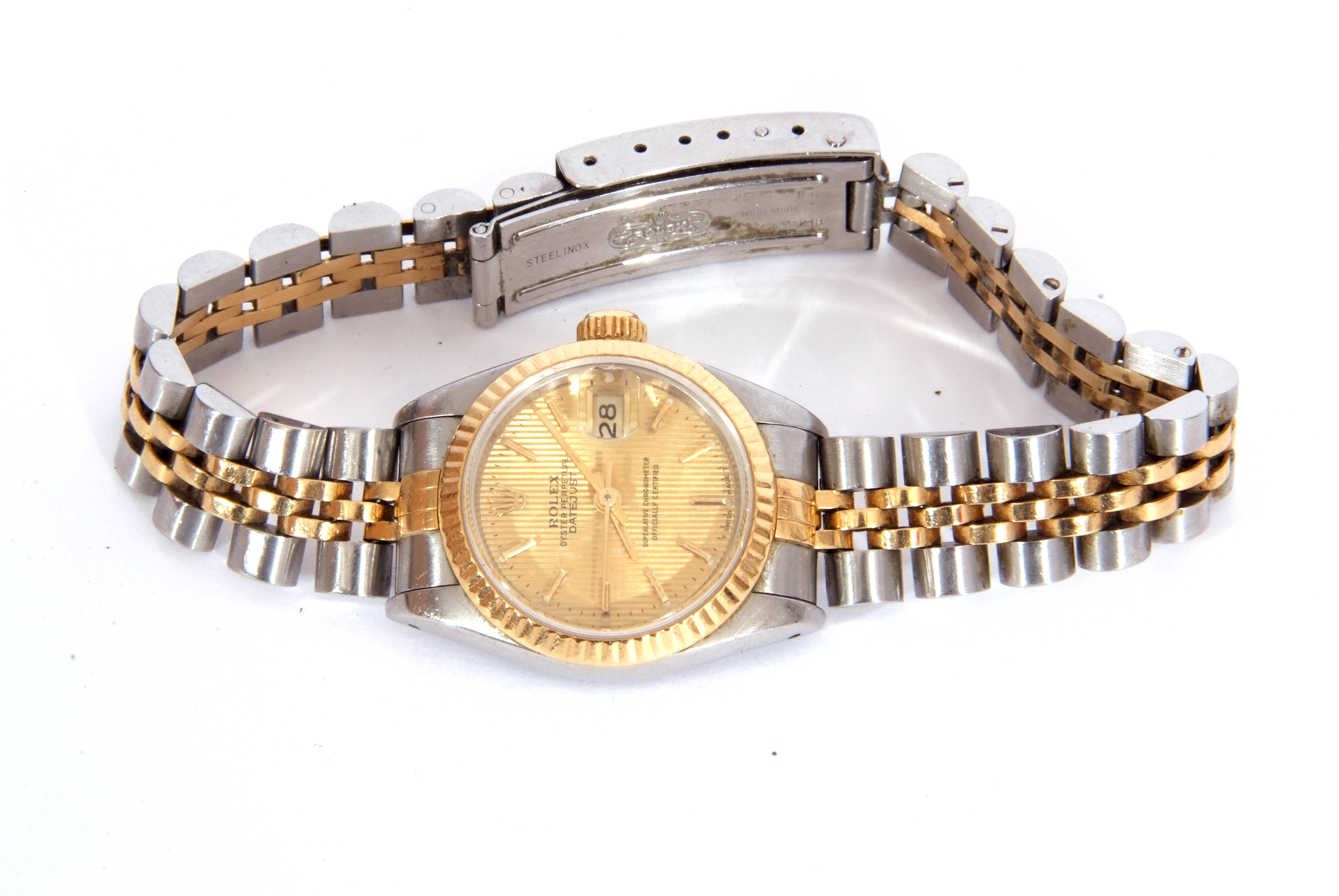 Ladies Rolex Oyster Perpetual Datejust, bi-metal fluted bezel watch with champagne dial, baton - Image 3 of 8