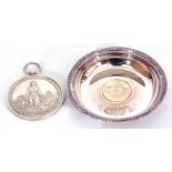 Hallmarked silver miniature circular dish, "2000" together with a French agricultural medallion