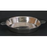 European white metal twin handled shallow bowl, plain polished circular form, engraved monogram to