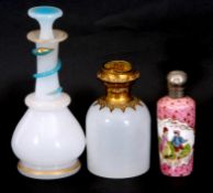 Mixed Lot: 19th century milk glass scent bottle with gilt metal hinged lid with inset to cap, a