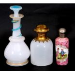 Mixed Lot: 19th century milk glass scent bottle with gilt metal hinged lid with inset to cap, a