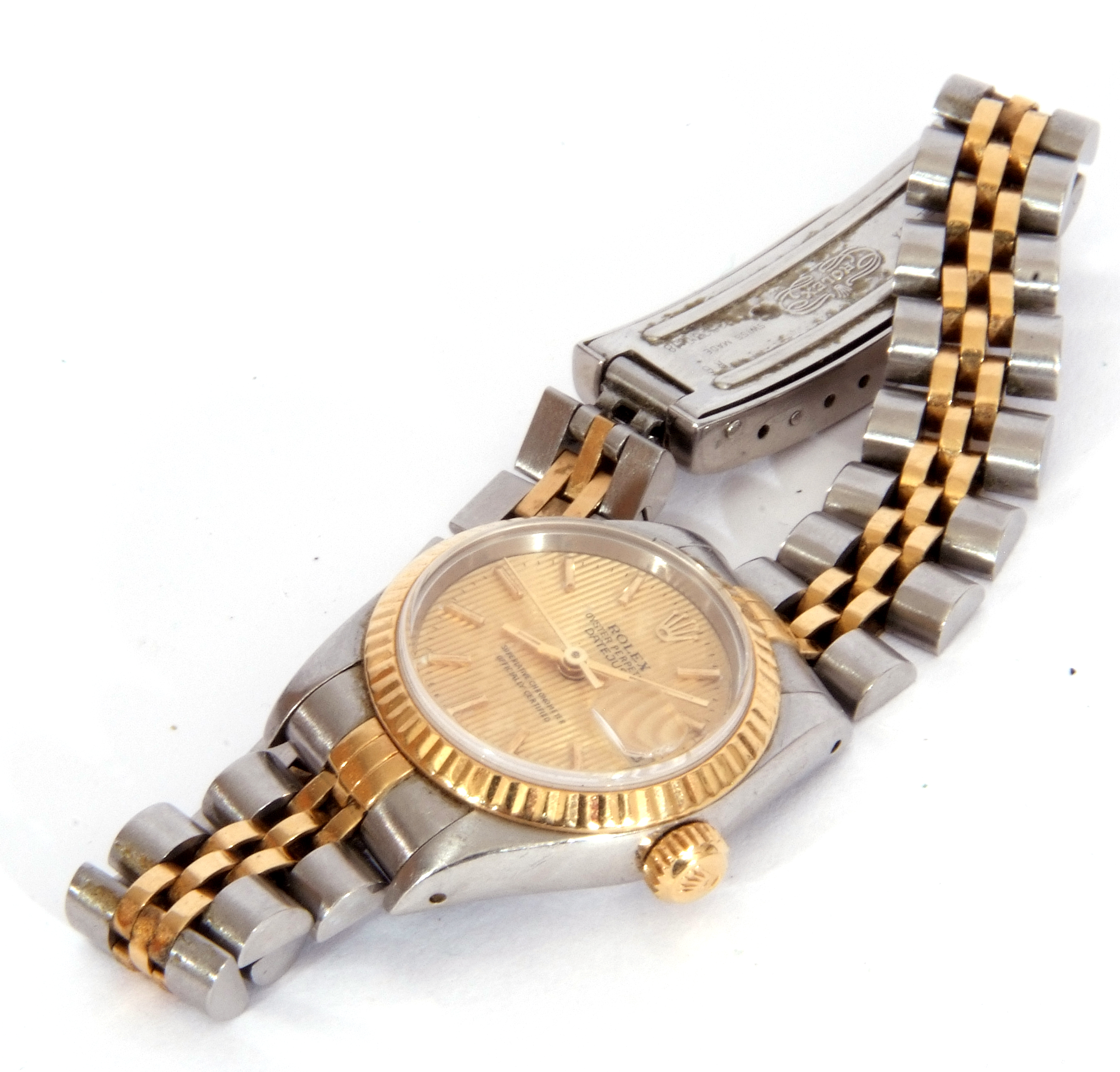 Ladies Rolex Oyster Perpetual Datejust, bi-metal fluted bezel watch with champagne dial, baton - Image 4 of 8