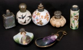 Mixed Lot: scent bottles to include a hand painted porcelain bottle of shield shape, the front