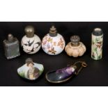 Mixed Lot: scent bottles to include a hand painted porcelain bottle of shield shape, the front