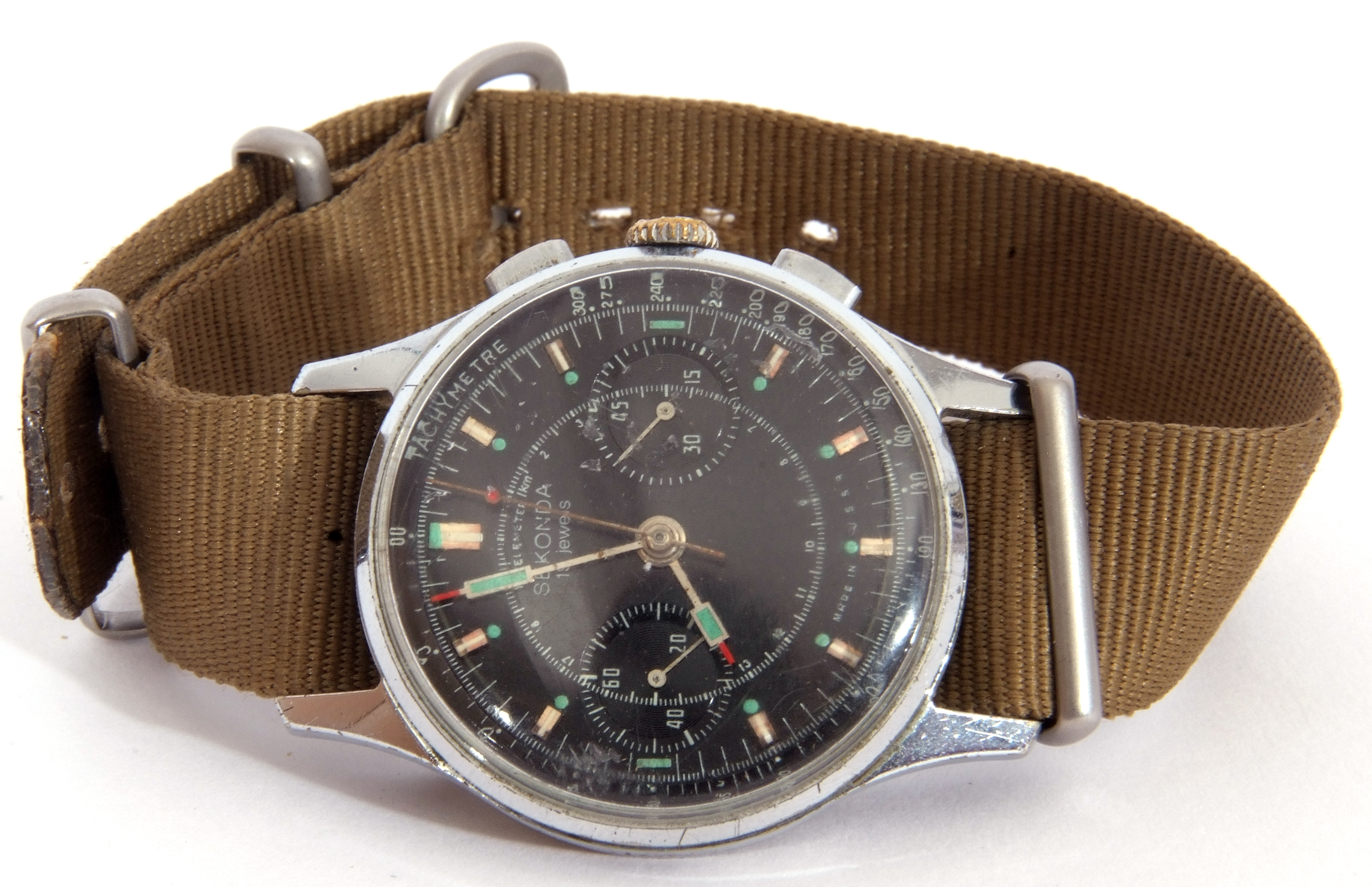 Third quarter of 20th century Sekonda centre seconds wrist chronograph watch case, stainless steel