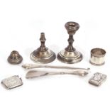 Mixed Lot: Edwardian silver vesta, a white metal vesta stamped 800, a pair of dwarf candlesticks (