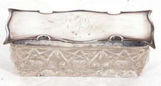 Edward VII silver lidded and glass trinket box of rectangular form, the cut glass base with shaped