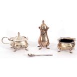 Cased three piece silver condiment set comprising a hinged lidded mustard and liner, open salt and