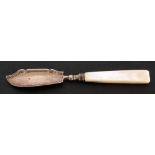 William IV silver bladed butter knife with a mother of pearl angular handle, Birmingham 1837,