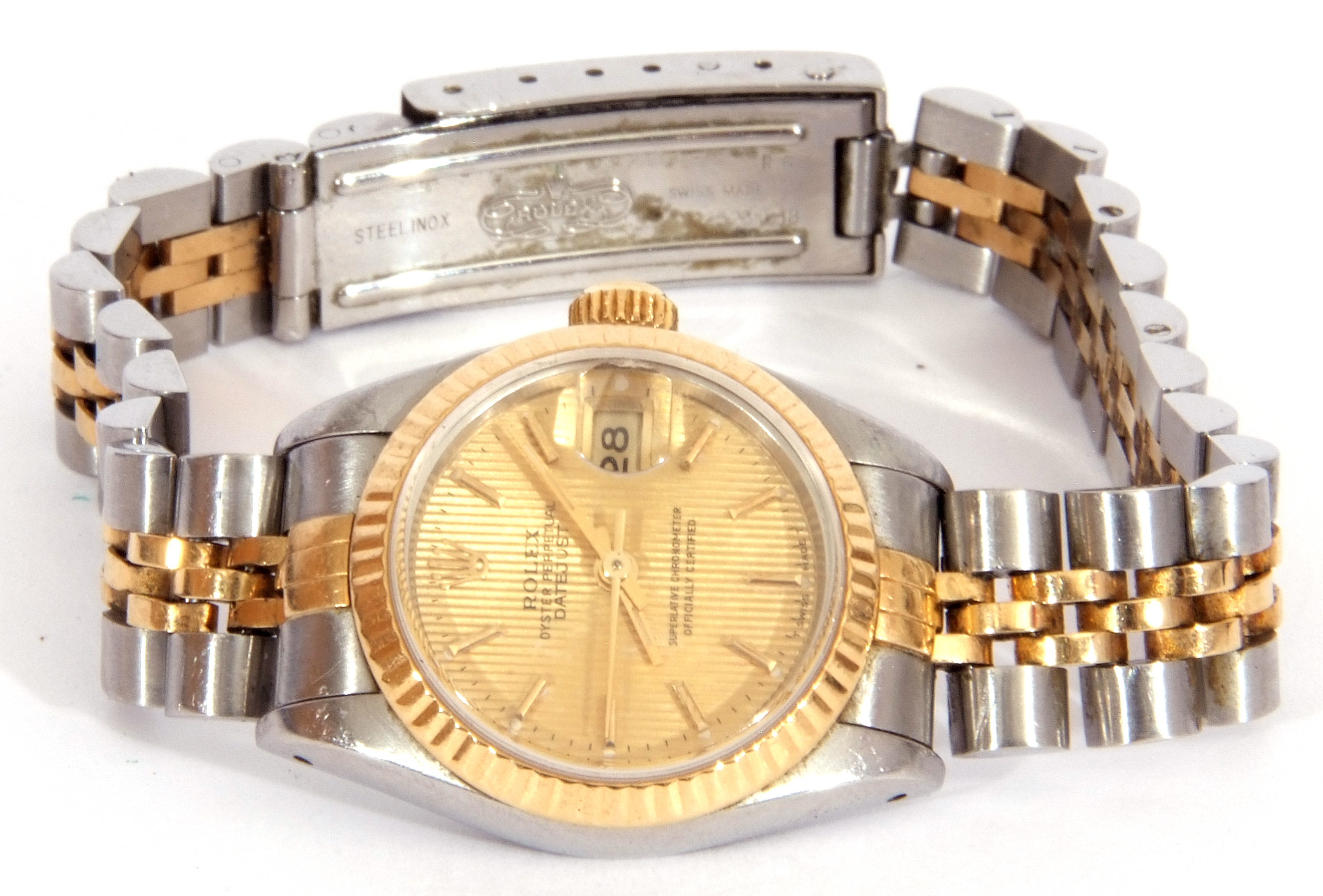 Ladies Rolex Oyster Perpetual Datejust, bi-metal fluted bezel watch with champagne dial, baton