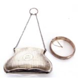 Mixed Lot: George V silver ladies purse of shaped body with lined engine turned decoration,