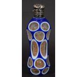 Bohemian 19th century silver and cut glass cobalt blue white to clear perfume bottle, the hour-glass