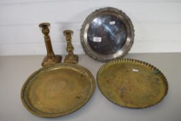 PAIR OF BRASS CANDLESTICKS AND METAL DISHES